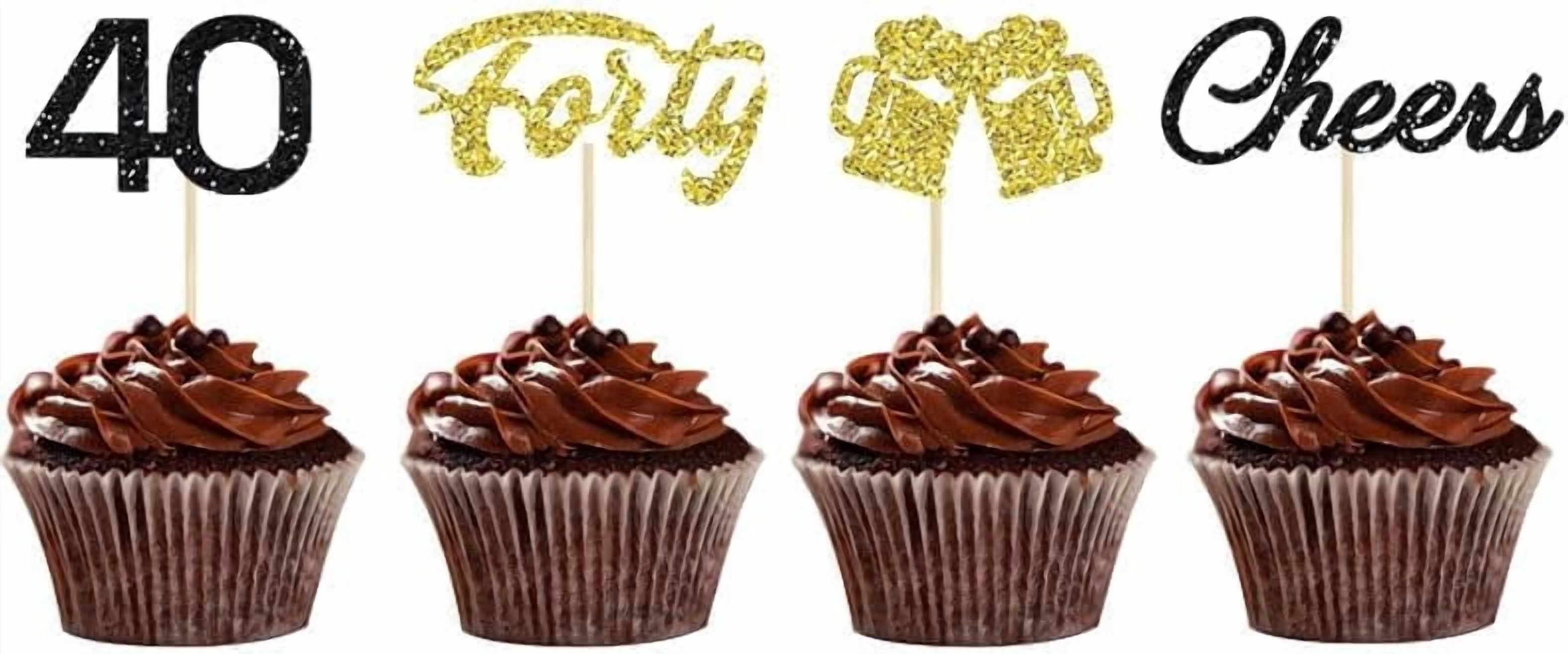 40. Geburtstag Cupcake-Topper – Glitzer, Roségold, 24 Stück – „Hello 40“ & „Forty Cheers“ – Inkl. Stab, Fertig Montiert