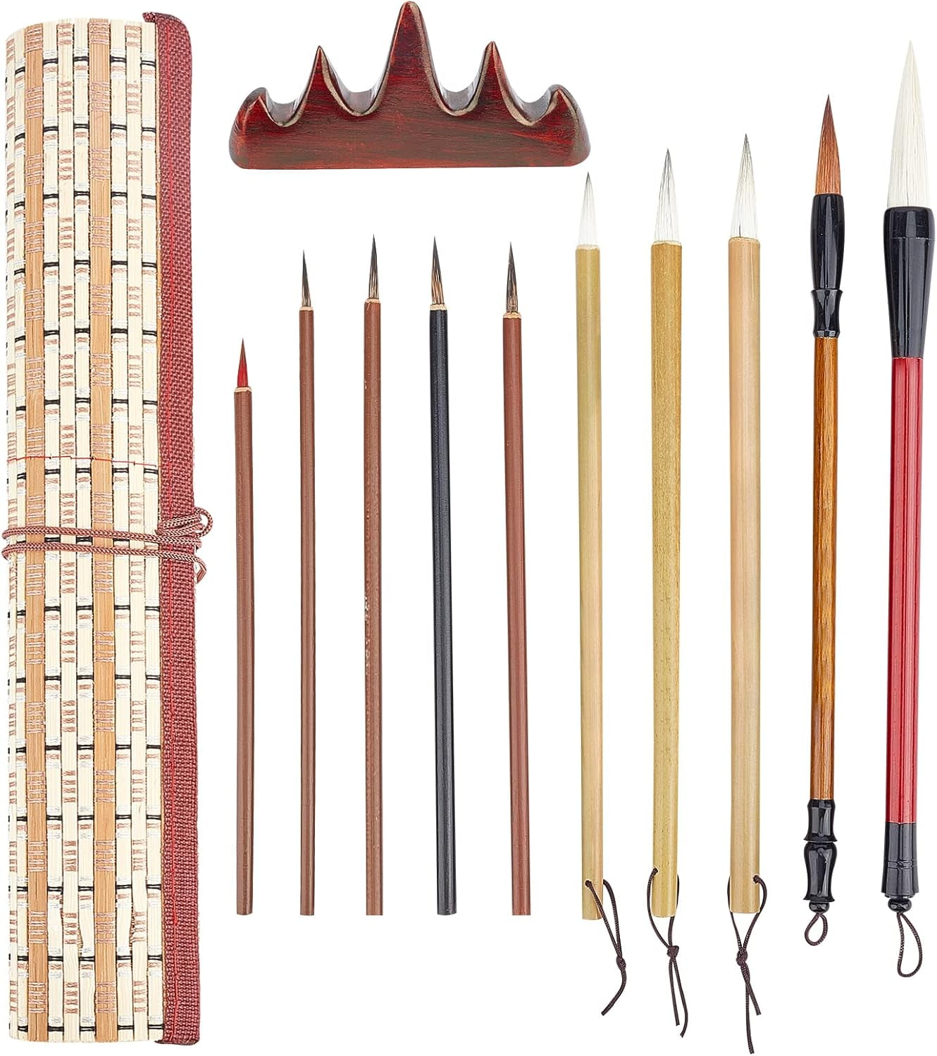 Calligraphy Rak 12pcs Chinese Calligraphy Brush Set 10pcs Writing Brush Roll-up Bamboo ...