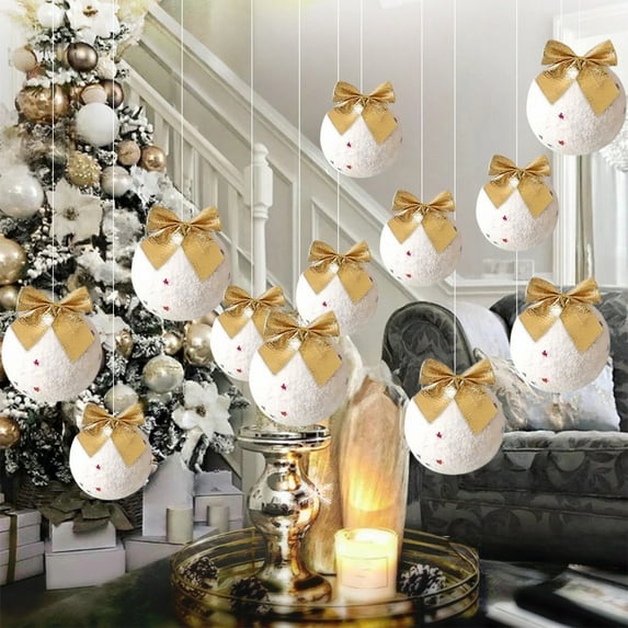 12pcs Christmas Ball Decorations Snowball and Bow Hanging Ornaments for Christmas Tree and Holiday Decor Decorative Pendant Balls for Scene Layout Window Display and Shop Front Decoration Gold
