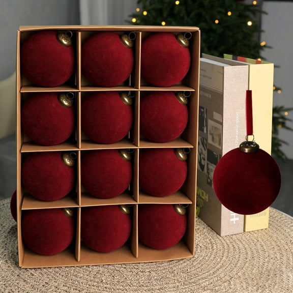 12pcs Christmas Ball Ornaments Set Red Velvet White Vintage Christmas Tree Decorations