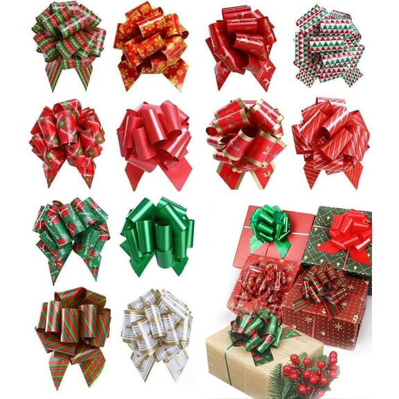 12pcs Christmas Bows for Gift Wrapping, 5" Wide Christmas Pull Bows with Ribbon Wrap Accessory for Present, Florist, Bouquet, Hamper, Basket Decor, Easy to Assemble