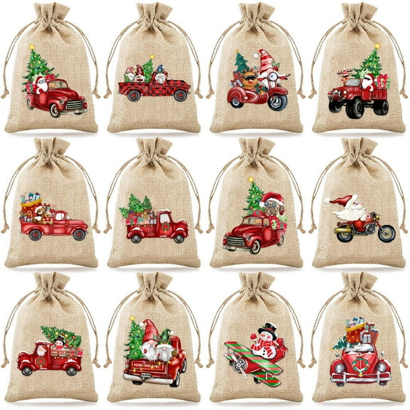 12pcs Christmas Burlap Drawstring Candy Bag Santa Gift Bag Christmas Decoration for Present Bag Christmas New Year