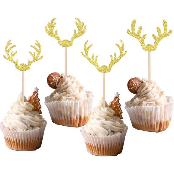 12pcs Christmas Deer Antler Cupcake Toppers Glitter Merry Christmas Deer Cupcake Picks Wedding Hunting Rustic Birthday Cake Decorations for Baby Shower Birthday Christmas Party Supplies Gold