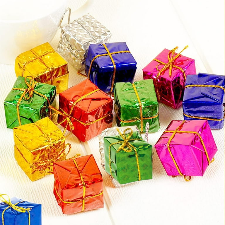 12pcs Christmas Foam Gift Box Shiny Mini Boxes Ornaments 1.57inch Metallic  Foil Wrapped Package for Xmas Tree Indoor Outdoor Hanging Pendant （Random