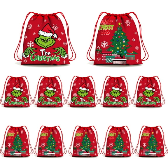 12pcs Christmas Party Drawstring Bag Reusable Xmas Non-Woven Gift Backpacks Merry Christmas Cartoon Goodie Favor Bags for Christmas Theme Birthday Party Decorations Supplies