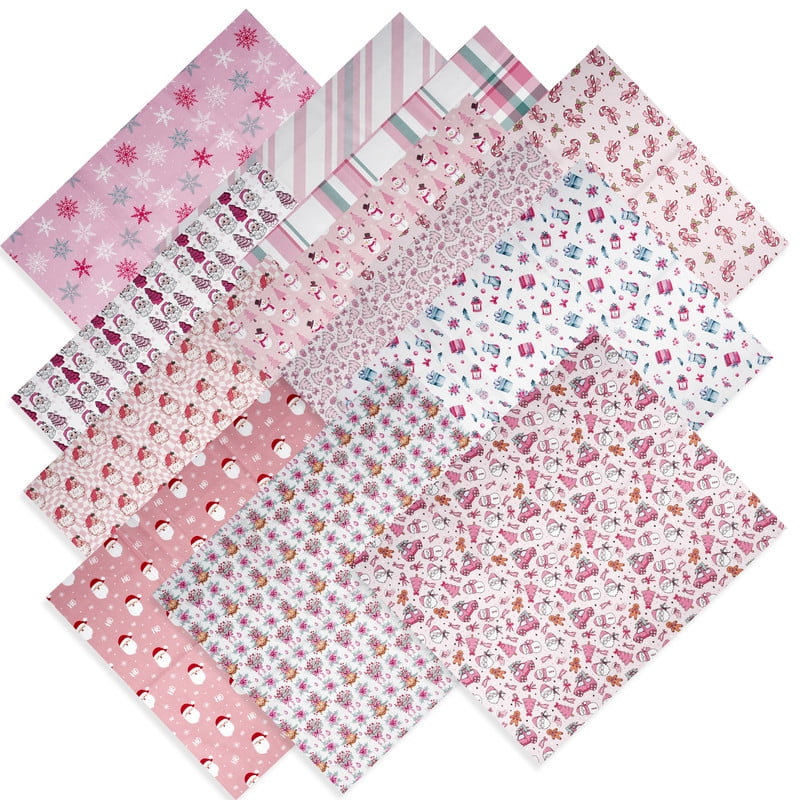 12pcs Christmas Pink Cotton Fabric Bundles 18x22 Inch Xmas Tree Santa Snowman Sewing Fabrics