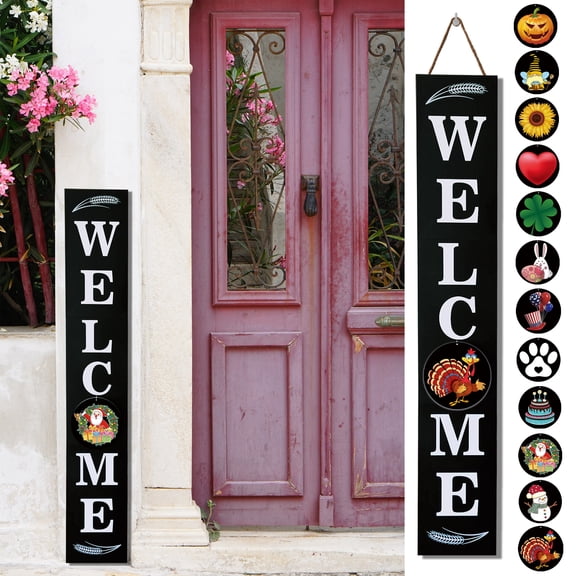 12pcs Christmas Porch Signs - Seasonal Welcome Decor, Wind-Resistant Long Sign for Front Door/Porch/Patio/Yard, with Door Hangers, Indoor/Outdoor Holiday Party Greeting Decor