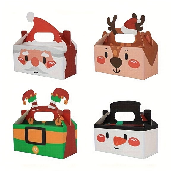 12pcs Christmas Treat Boxes with Handles, Santa, Reindeer, Elf Hat & Snowman Designs, Cardboard Party Favor Gable Paper Box for Gifts, Christmas Favor Boxes, Bakery Packaging for Christmas & New Year