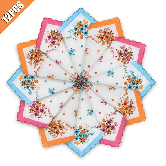 12pcs Classic Floral Print Handkerchiefs, TSV 11.8'' x11.8'' Soft Cotton Hankies for Women, Vintage Pocket Square