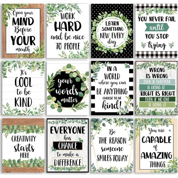 12pcs Classroom Motivational Poster Eucalyptus Educational Bulletin Board Poster Greenery Positive Quotes Classroom Decorations Elementary Middle High School Growth Mindset Wall Decor14 x 11In