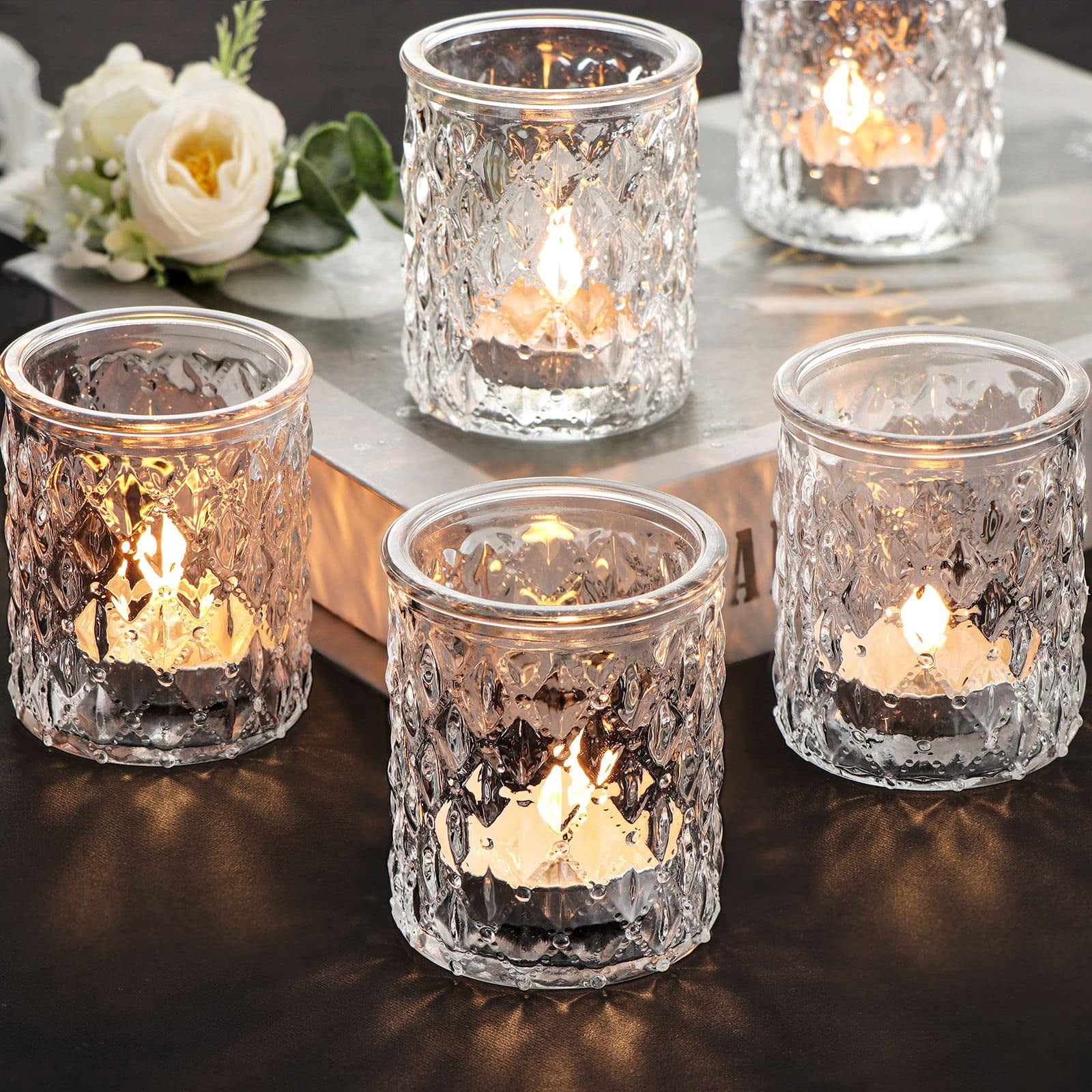 HOXHA 6 Pack Clear Glass Votive Candle Holders - Bulk Vintage Tealight Holders For Table Centerpieces