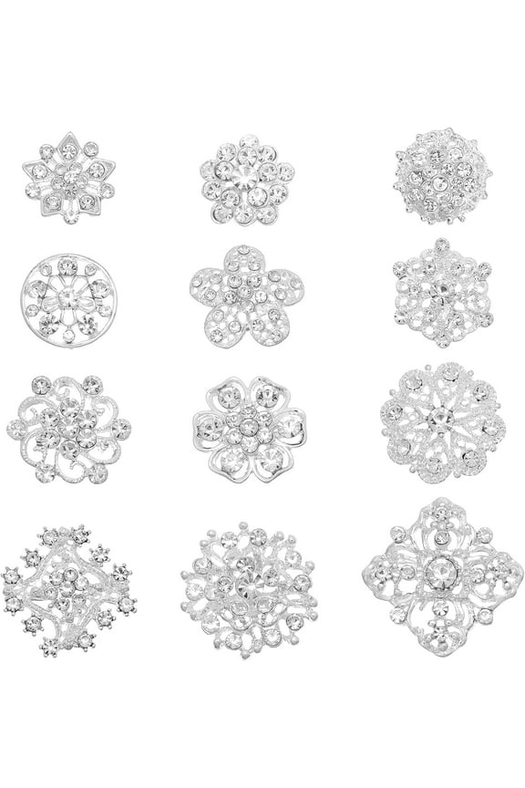 12pcs Clear Rhinestone Brooches Kit Crystal Flower Brooches Pins Silver Elegant Wreath Rhombus Star Brooch Lapel Pin for Bride Bridesmaid Wedding Corsage Dress Accessories Mixed Color DIY