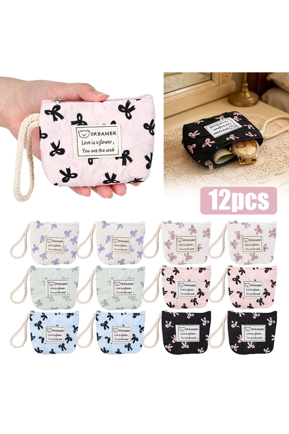 12pcs Coin Purse Zipper Pouch, EEEkit Mini Bow Print Small Wristlet Wallet, Zipper Coin Pouchfor Girls Party Favors
