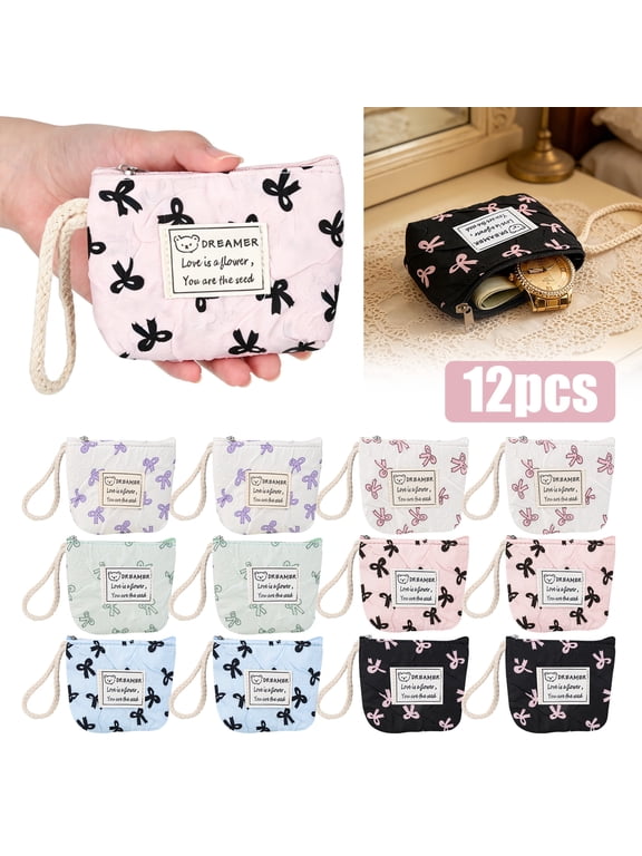 12pcs Coin Purse Zipper Pouch, EEEkit Mini Bow Print Small Wristlet Wallet, Zipper Coin Pouchfor Girls Party Favors