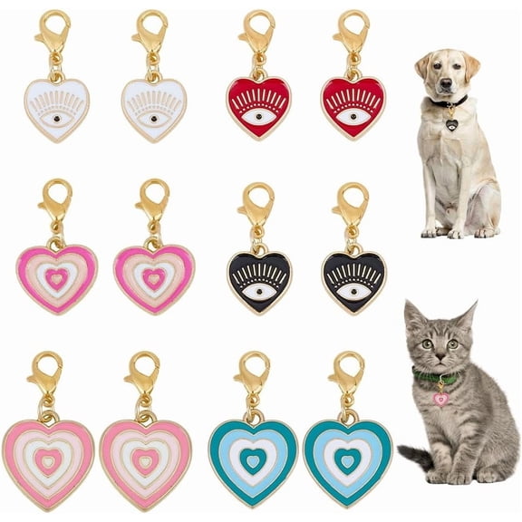 12pcs Collar Pendants for Cat Dog 6 Styles Heart Alloy Enamel Pet Collar Pendants Clip-on Collar Accessory for Bag Keychain Jewelry Making Training Home Decor