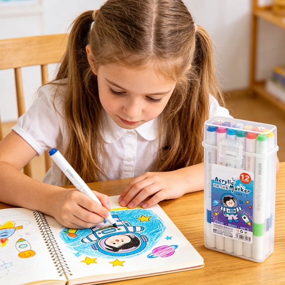 12pcs Colorful Acrylic Marker Pens Barrel Set, Glossy Coloring Art Markers for Drawing Sketching Crafting, Non-Toxic Water-Based Paint Pens for Office Home Artistic Creation Projects, Multicolor