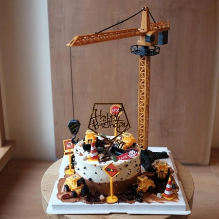 12pcs Construction Cake Topper Vehicles Cake Decoration Set Truck Excavator Tower Crane Cupcake Topper Traffic and Road Sign Decor Happy Birthday Party Supplies Favors for Kids Boys