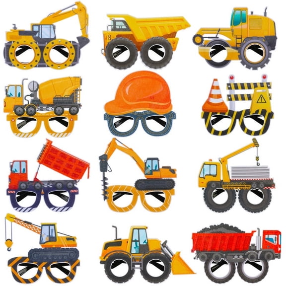 12pcs Construction Party Glasses for Kids Gift with Tractor Excavator Dump Truck Construction Photo Booth Props