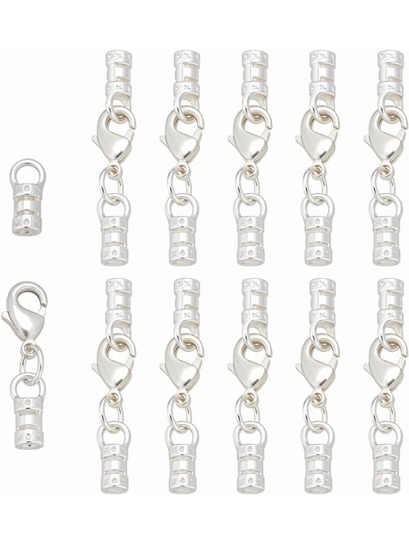 12pcs Cord End Caps with Lobster Clasp 38mm Long Leather Jewellery Clasps Necklace End Cap Silver Clasp Tip with Loop Ring Connector