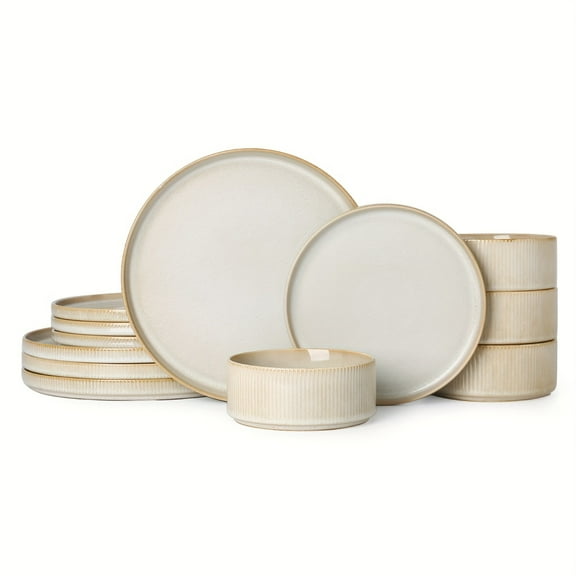 12pcs Cream Beige Ceramic Dinnerware Set, Striped Plates Bowls, Microwave Dishwasher Safe, Stoneware Tableware for Wedding Party Gift, Ideal for Spaghetti Soup Dessert