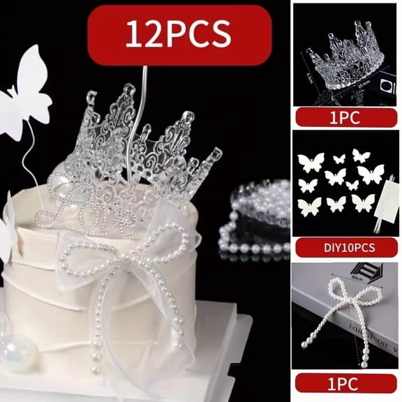 12pcs Crown Bow Cake Toppers Set Food-Safe Plastic Decorations