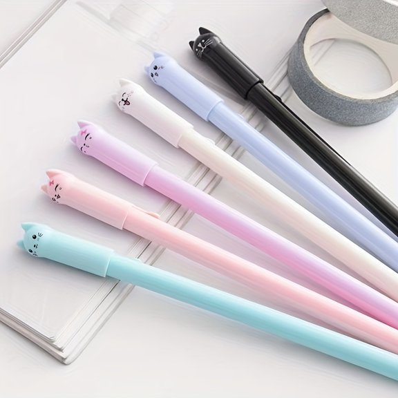 12pcs Cute Cat-Shaped Gel Pens, Fine Point, Erasable Ink, Creative Cartoon Wagging Tail Design, Black Signature Pens, Suitable for Study And Office Use, Cat-Shaped Pens, Ideal for Writing