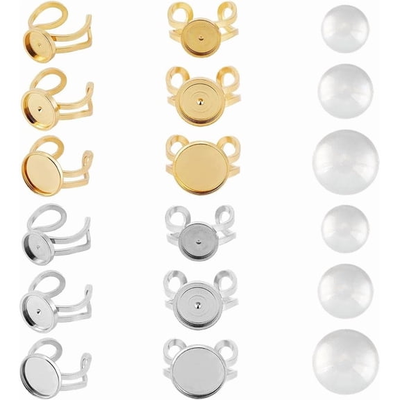 12pcs DIY Blank Dome Ring Making Kit 2 Color Stainless Steel DIY Finger Rings Sets Jewelry Blanks Bases Trays with Clear Glass Cabochons for DIY Jewelry Making