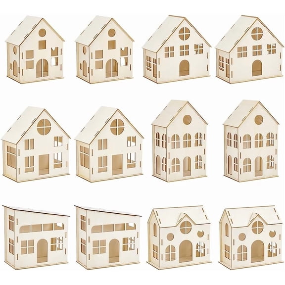 12pcs DIY Christmas Village Sets Unfinished Wooden Houses for Crafts 6 Styles Mini Unassembled House for Indoor Room Landscape Holiday Party Desktop Decoration