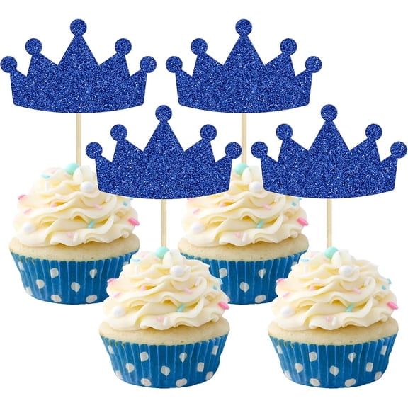12pcs Dark Blue Crown Cupcake Toppers, Glitter Crown Cupcake Picks for Prince Birthday/Baby Shower Party Supplies
