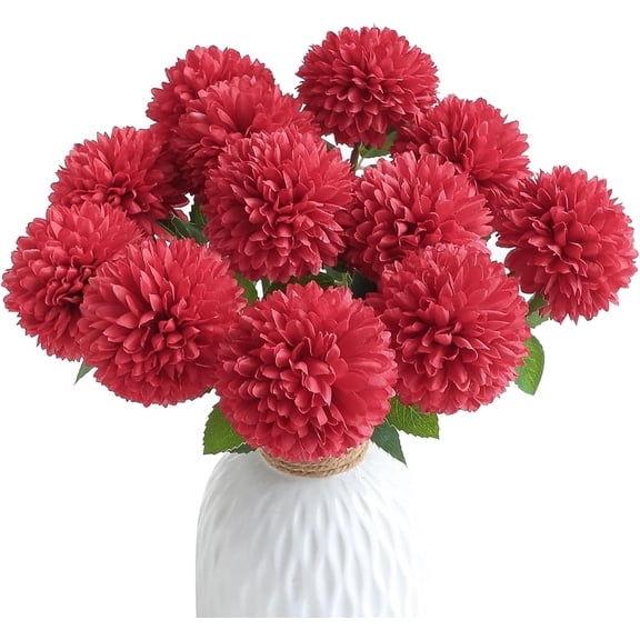 12pcs Dark Red Faux Silk Mums Artificial Flowers Bulk Fake Chrysanthemums with Stems for DIY Wedding Table Centerpieces Floral Arrangements Vase Fillers Home Decorations