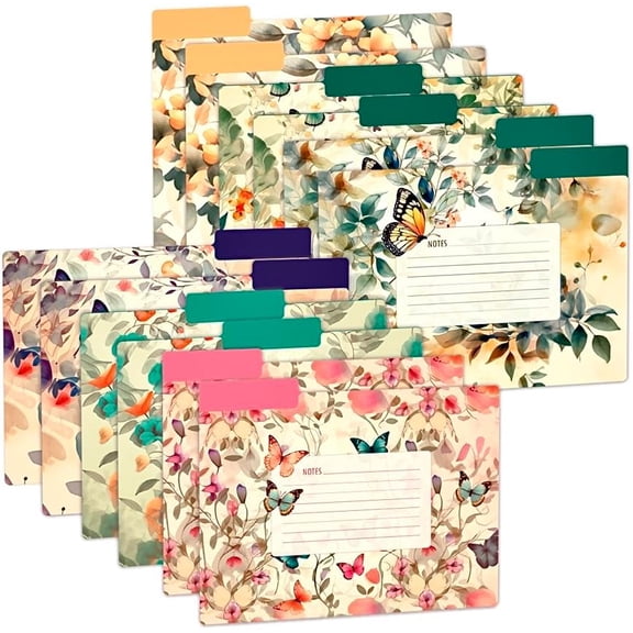 12pcs Decorative File Folders Letter Size, Butterfly Design Folders with Notes, Cute File Office Folders with Floral Patterns, 1/3 Cut Tab, Matte Paper Archival File Folders