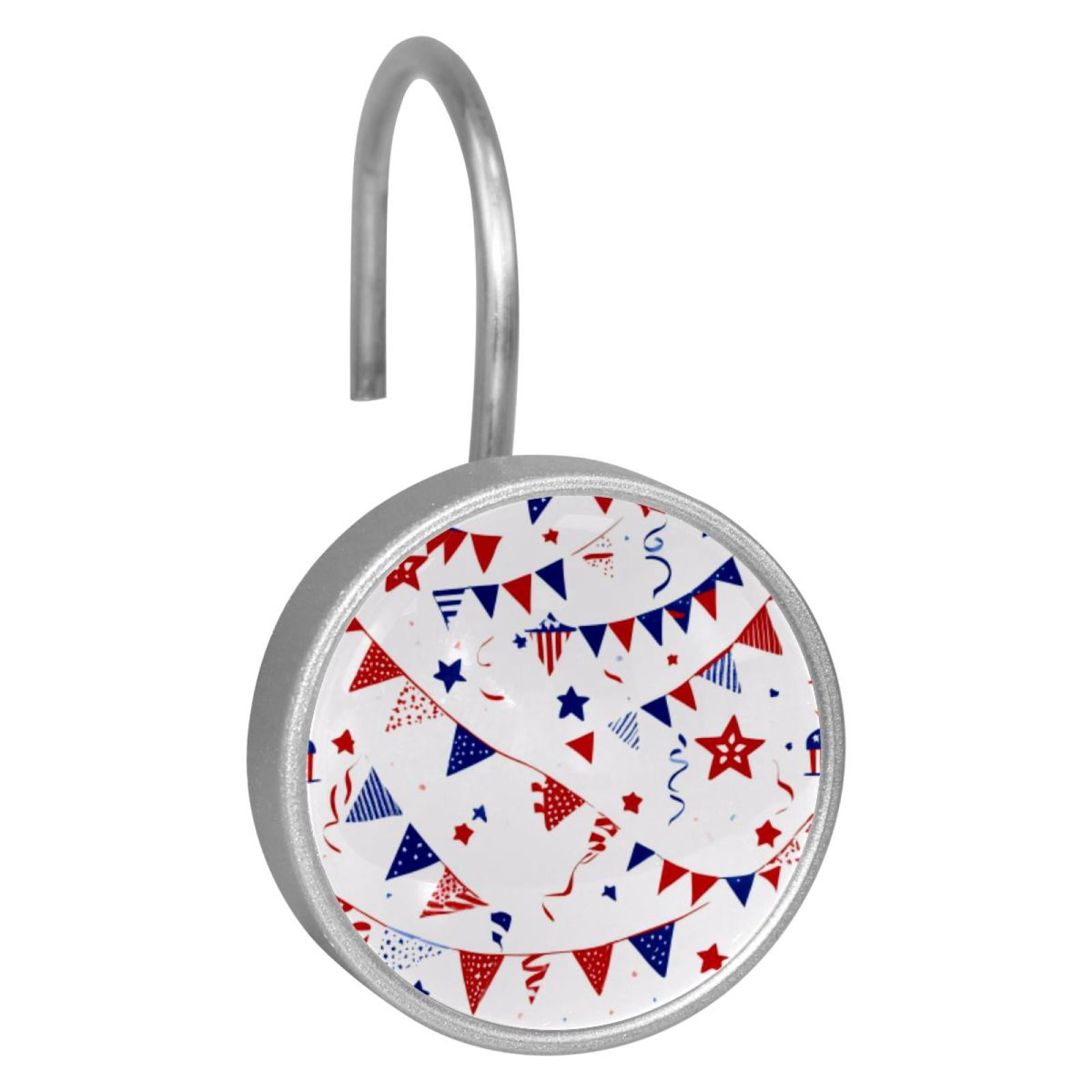 12pcs Decorative Shower Curtain Hooks, Rust Resistant Shower Rings for Bathroom Living Room,Rustproof Stainless Steel Rings for Shower Curtain and Liner Rods,4th of July Flags