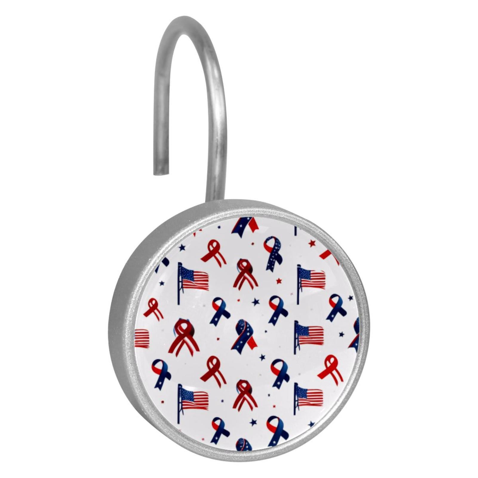 12pcs Decorative Shower Curtain Hooks, Rust Resistant Shower Rings for Bathroom Living Room,Rustproof Stainless Steel Rings for Shower Curtain and Liner Rods,4th of July Bows Flags