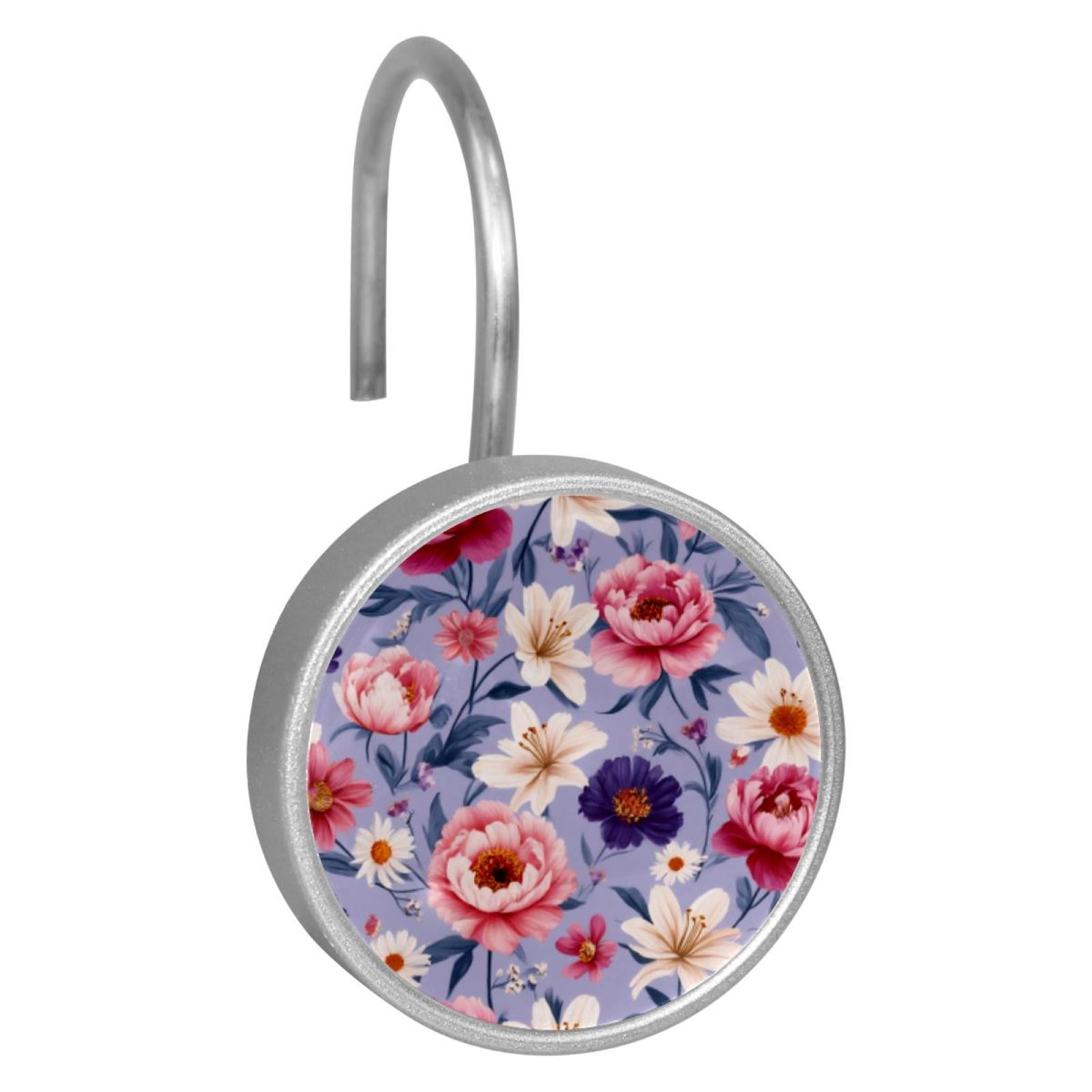 12pcs Decorative Shower Curtain Hooks, Rust Resistant Shower Rings for Bathroom Living Room,Rustproof Stainless Steel Rings for Shower Curtain and Liner Rods,Bohemia Style Flowers Purple