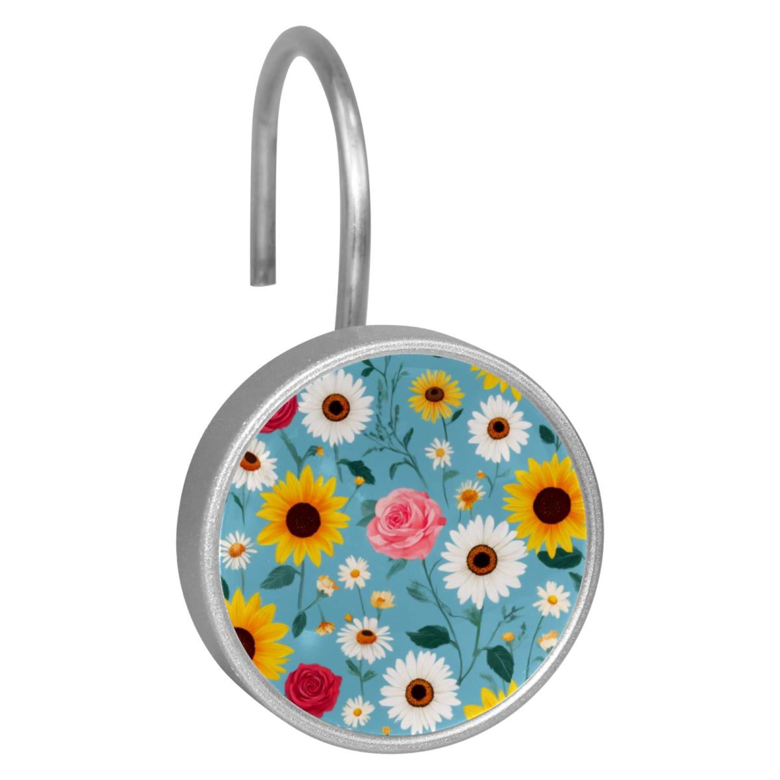 12pcs Decorative Shower Curtain Hooks, Rust Resistant Shower Rings for Bathroom Living Room,Rustproof Stainless Steel Rings for Shower Curtain and Liner Rods,Bohemia Style Flowers