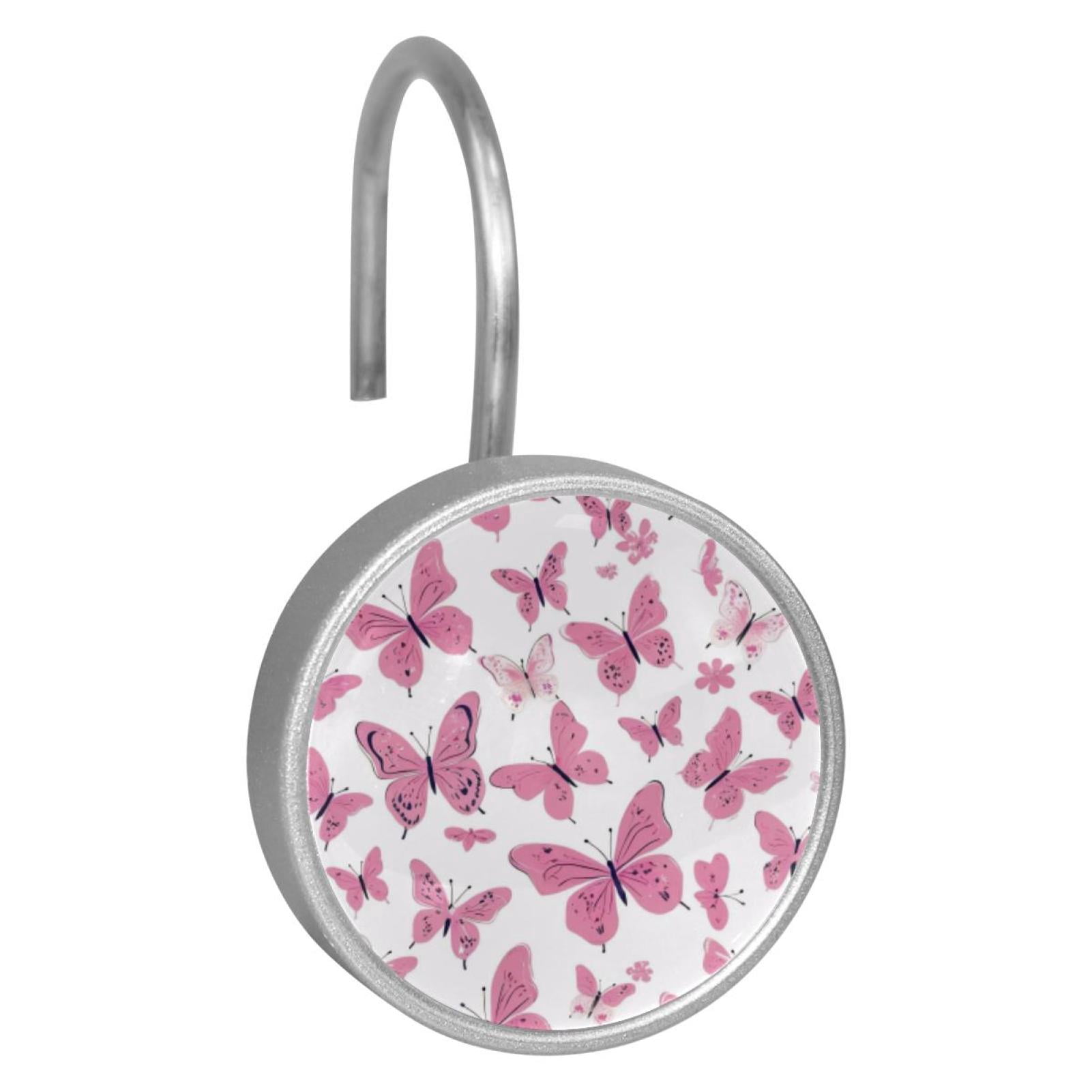 12pcs Decorative Shower Curtain Hooks, Rust Resistant Shower Rings for Bathroom Living Room,Rustproof Stainless Steel Rings for Shower Curtain and Liner Rods,Butterflies Pink