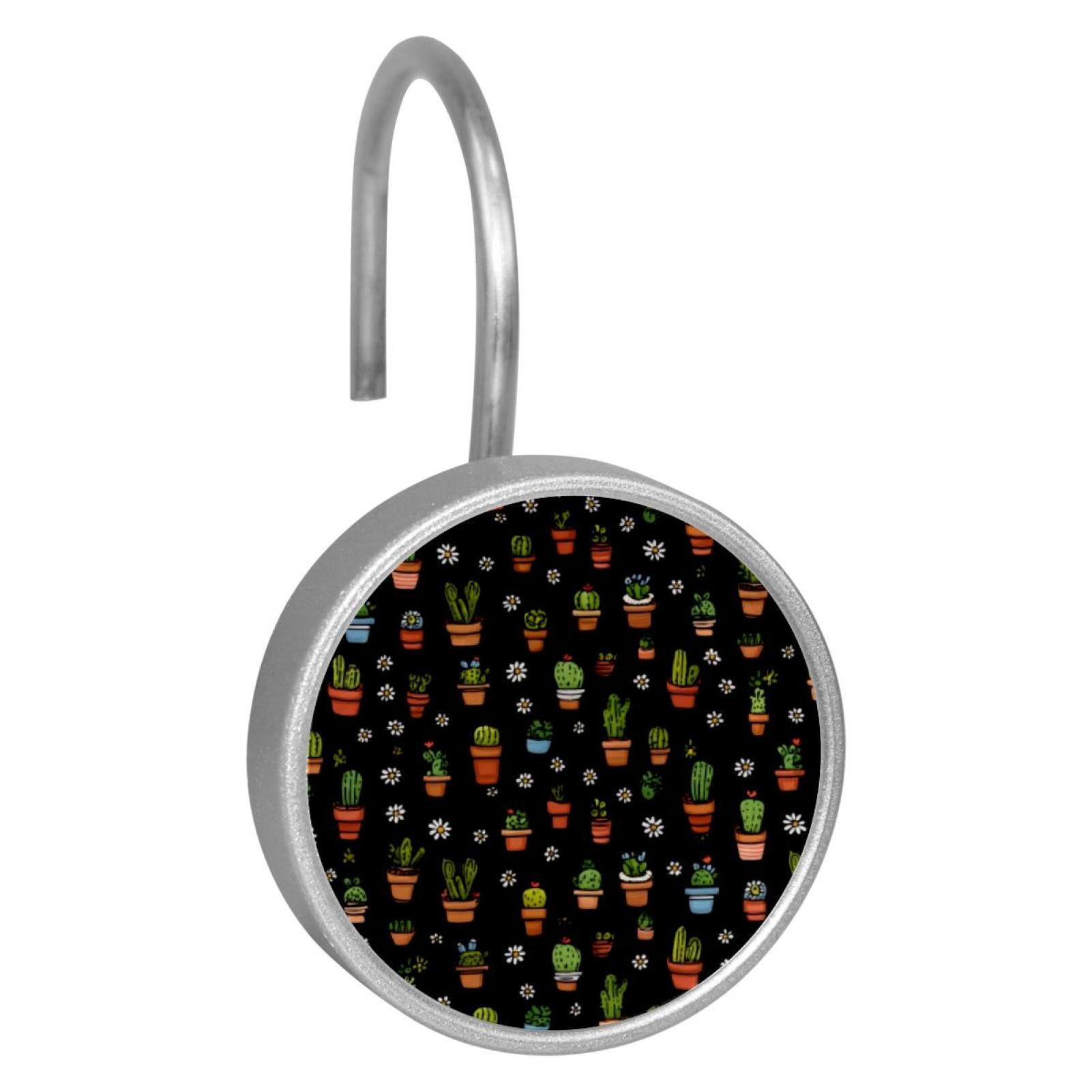 12pcs Decorative Shower Curtain Hooks, Rust Resistant Shower Rings for Bathroom Living Room,Rustproof Stainless Steel Rings for Shower Curtain and Liner Rods,Cactus and Daisy Black