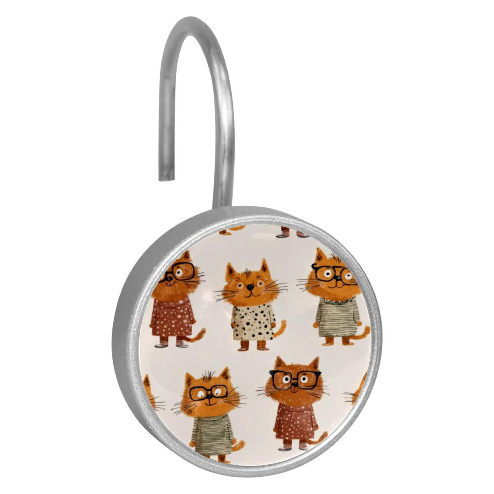 12pcs Decorative Shower Curtain Hooks, Rust Resistant Shower Rings for Bathroom Living Room,Rustproof Stainless Steel Rings for Shower Curtain and Liner Rods,Cartoon Sweater Glasses Cat
