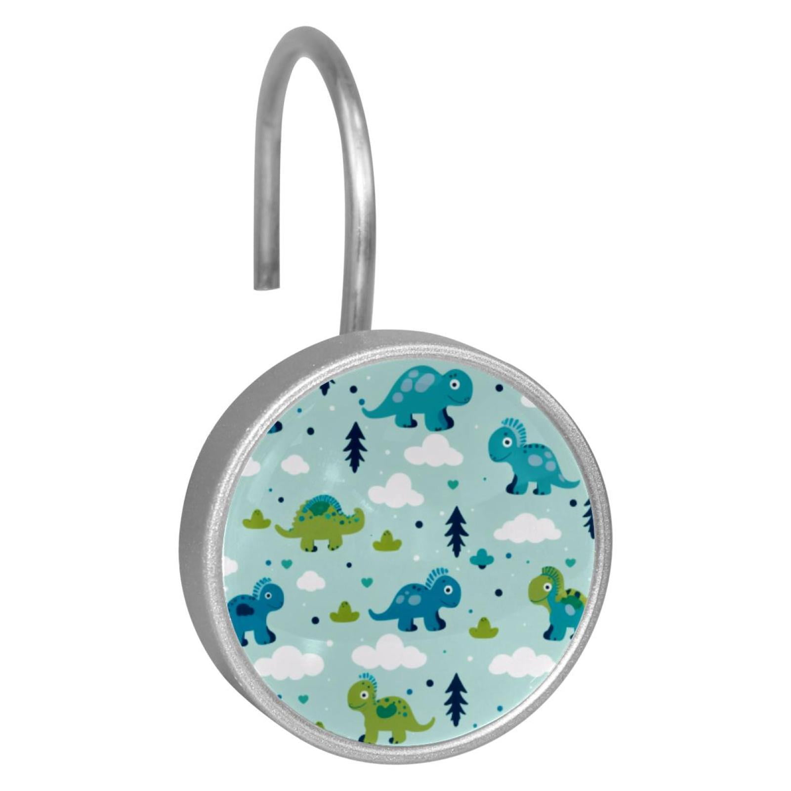 12pcs Decorative Shower Curtain Hooks, Rust Resistant Shower Rings for Bathroom Living Room,Rustproof Stainless Steel Rings for Shower Curtain and Liner Rods,Cartoon Dinosaurs Trees Blue