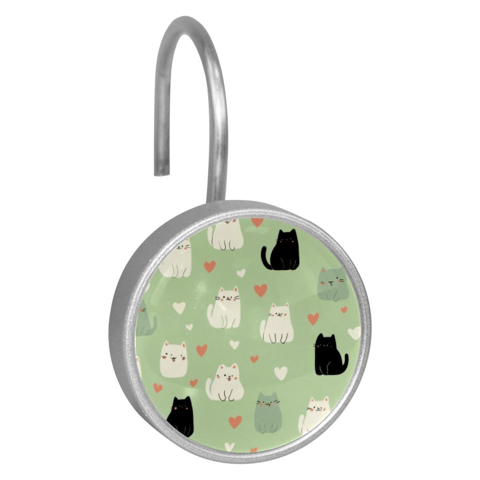 12pcs Decorative Shower Curtain Hooks, Rust Resistant Shower Rings for Bathroom Living Room,Rustproof Stainless Steel Rings for Shower Curtain and Liner Rods,Cats and Hearts Green