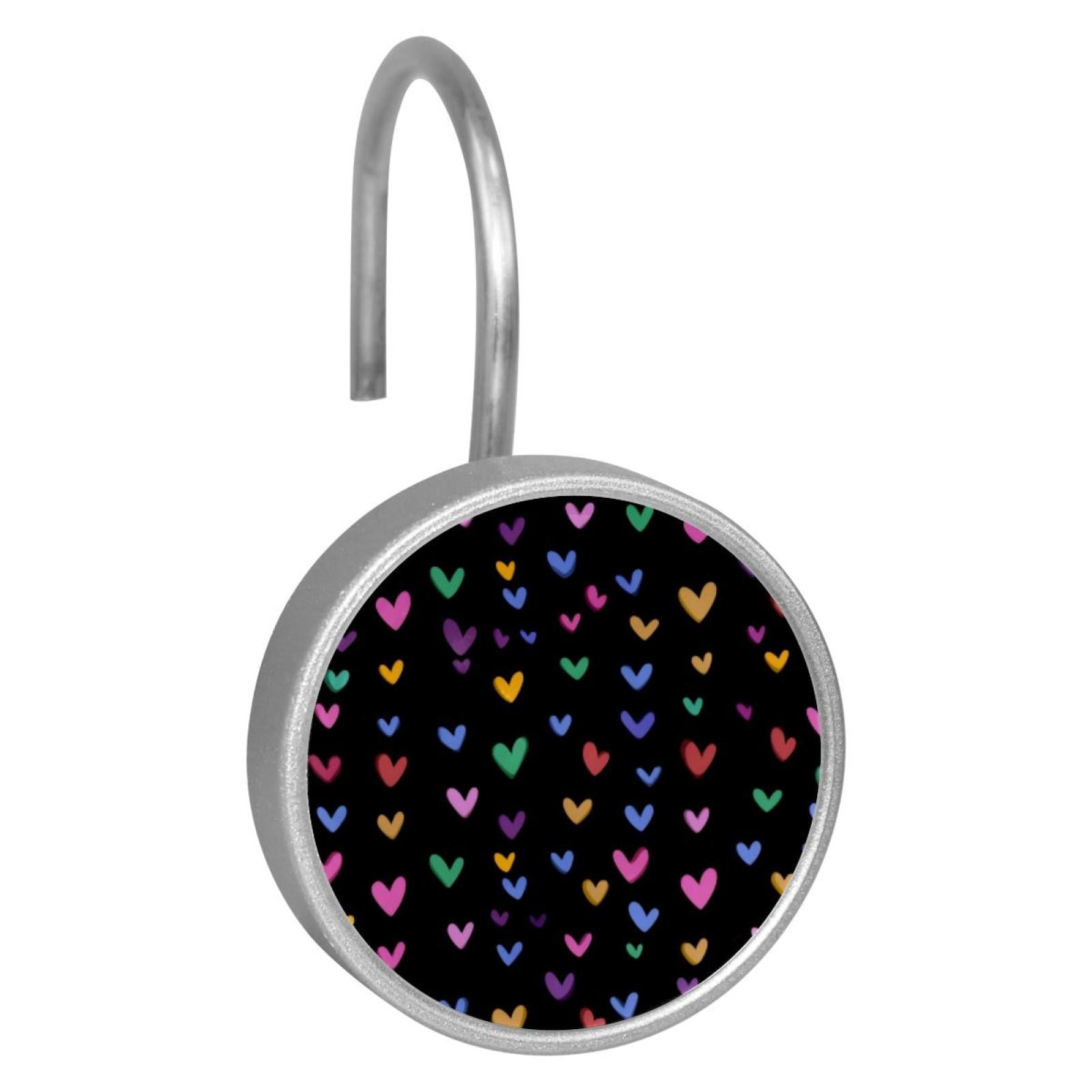 12pcs Decorative Shower Curtain Hooks, Rust Resistant Shower Rings for Bathroom Living Room,Rustproof Stainless Steel Rings for Shower Curtain and Liner Rods,Colorful Hearts Black