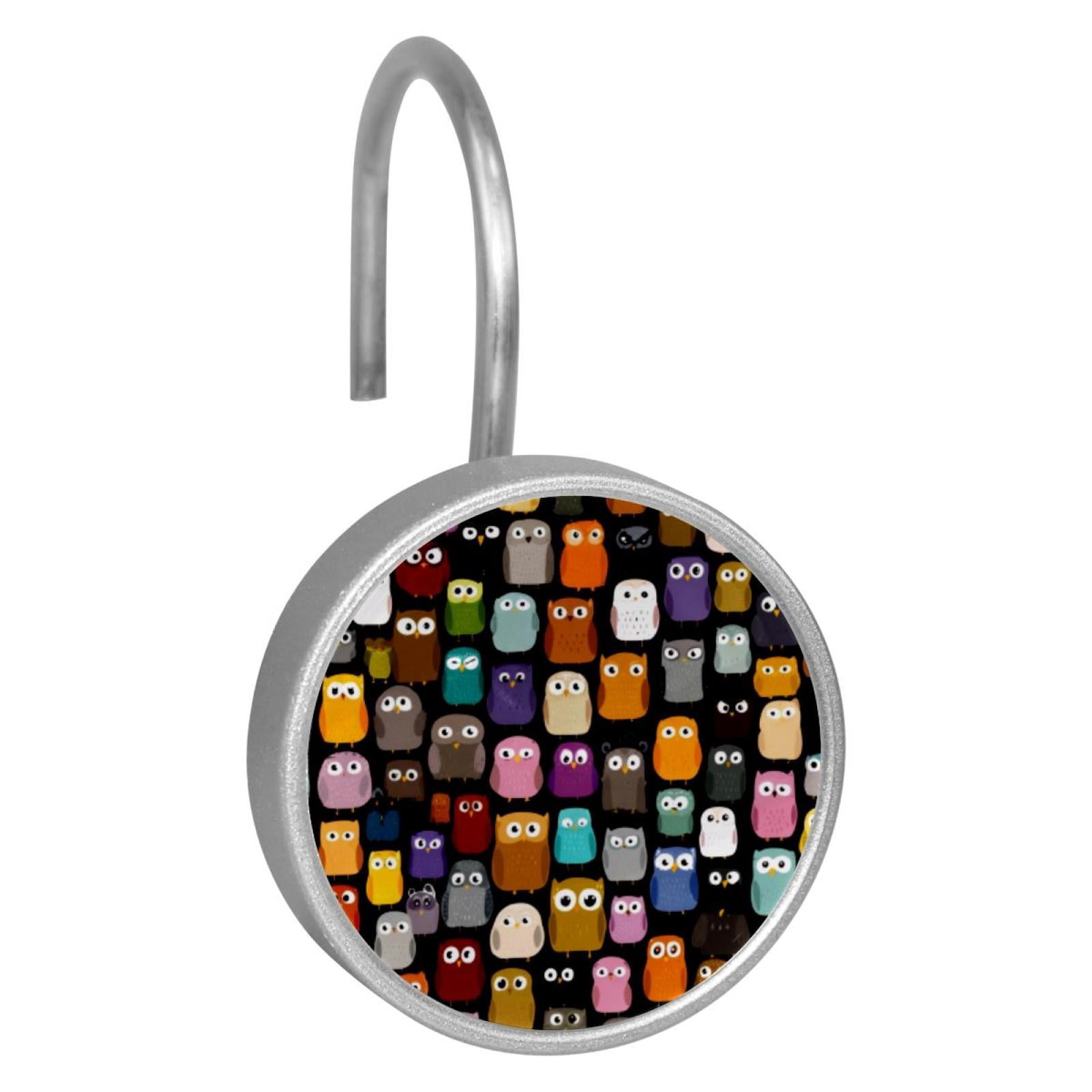 12pcs Decorative Shower Curtain Hooks, Rust Resistant Shower Rings for Bathroom Living Room,Rustproof Stainless Steel Rings for Shower Curtain and Liner Rods,Colorful Owls Pattern