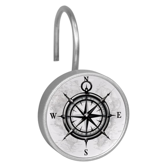 12pcs Decorative Shower Curtain Hooks, Rust Resistant Shower Rings for Bathroom Living Room,Rustproof Stainless Steel Rings for Shower Curtain and Liner Rods,Compass Print