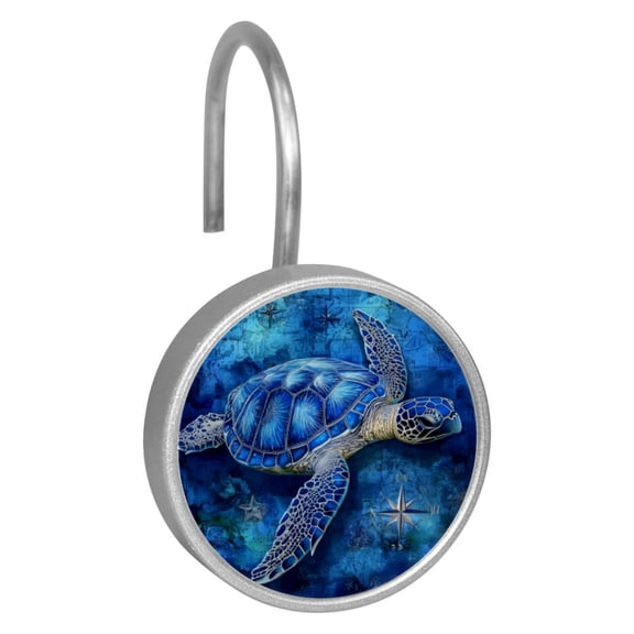12pcs Decorative Shower Curtain Hooks, Rust Resistant Shower Rings for Bathroom Living Room,Rustproof Stainless Steel Rings for Shower Curtain and Liner Rods,Dark Blue Turtle