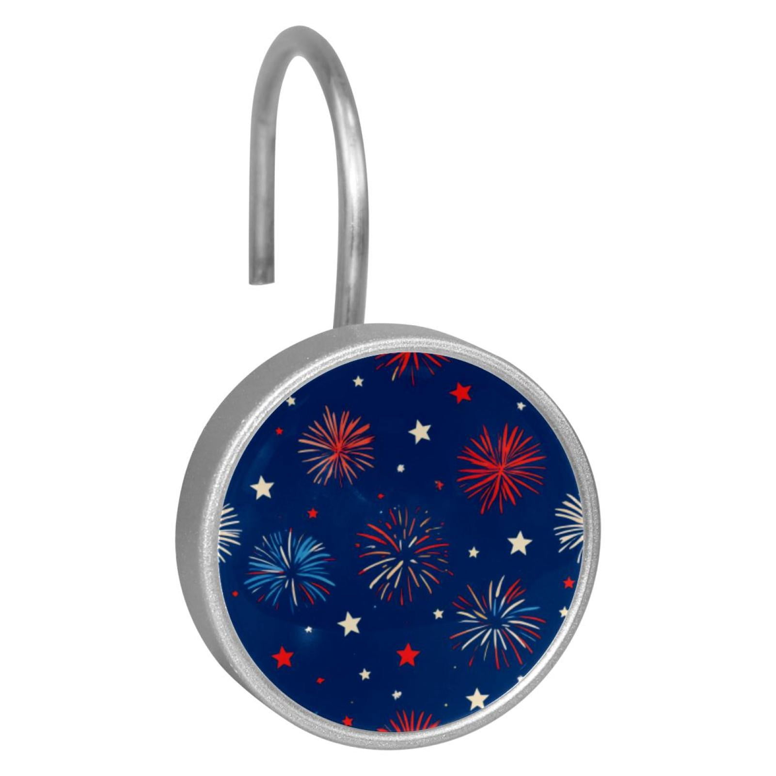 12pcs Decorative Shower Curtain Hooks, Rust Resistant Shower Rings for Bathroom Living Room,Rustproof Stainless Steel Rings for Shower Curtain and Liner Rods,Fireworks Pattern Blue