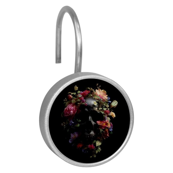 12pcs Decorative Shower Curtain Hooks, Rust Resistant Shower Rings for Bathroom Living Room,Rustproof Stainless Steel Rings for Shower Curtain and Liner Rods,Flowers Skull Black
