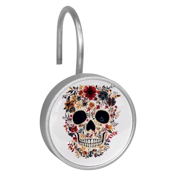 12pcs Decorative Shower Curtain Hooks, Rust Resistant Shower Rings for Bathroom Living Room,Rustproof Stainless Steel Rings for Shower Curtain and Liner Rods,Flowers Skull