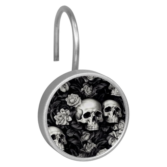 12pcs Decorative Shower Curtain Hooks, Rust Resistant Shower Rings for Bathroom Living Room,Rustproof Stainless Steel Rings for Shower Curtain and Liner Rods,Gray Skull