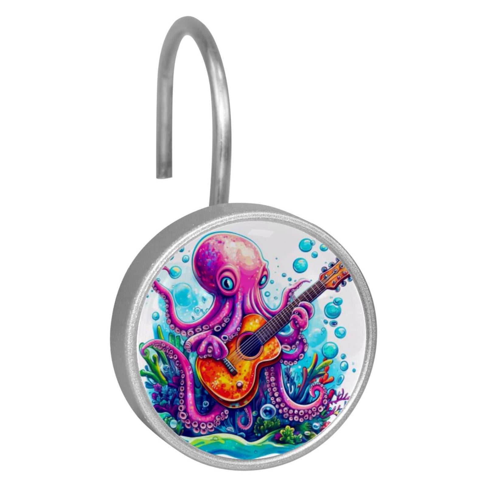 12pcs Decorative Shower Curtain Hooks, Rust Resistant Shower Rings for Bathroom Living Room,Rustproof Stainless Steel Rings for Shower Curtain and Liner Rods,Guitar Octopus
