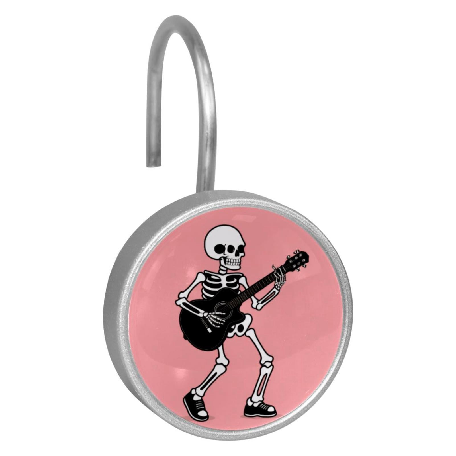 12pcs Decorative Shower Curtain Hooks, Rust Resistant Shower Rings for Bathroom Living Room,Rustproof Stainless Steel Rings for Shower Curtain and Liner Rods,Guitar Skeleton Pink